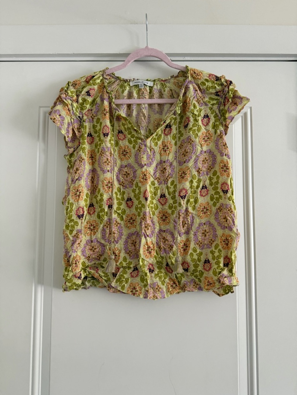 Rose & Olive Lime Green Floral Short Sleeve Tie-Hem Blouse